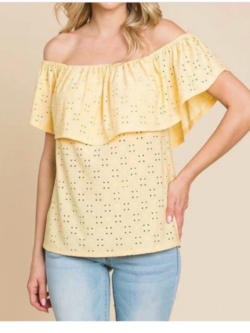 Off-Shoulder Eyelet Ruffle Top in Soft Yellow